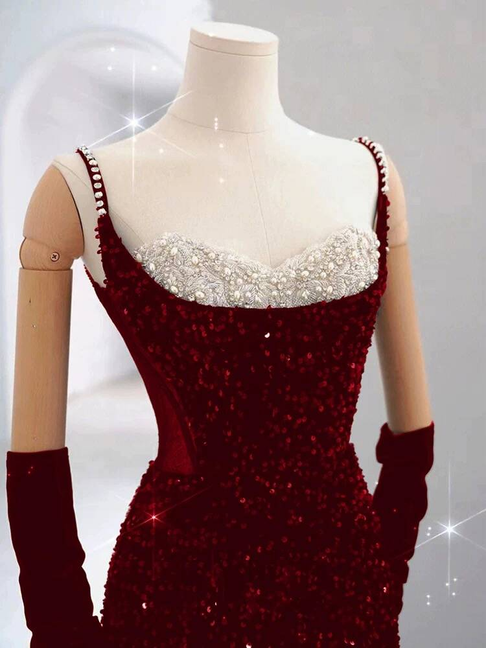 Bescheidene Meerjungfrau Spaghettiträger Pailletten Rot Lange Ballkleider Partykleid 21. Geburtstag Outfits Abschlusskleid AU243
