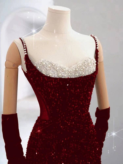 Bescheidene Meerjungfrau Spaghettiträger Pailletten Rot Lange Ballkleider Partykleid 21. Geburtstag Outfits Abschlusskleid AU243