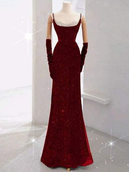 Bescheidene Meerjungfrau Spaghettiträger Pailletten Rot Lange Ballkleider Partykleid 21. Geburtstag Outfits Abschlusskleid AU243
