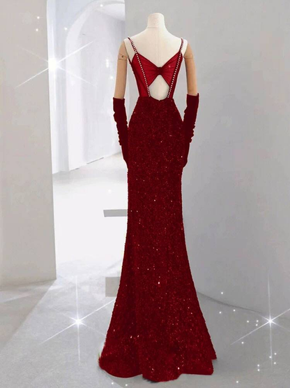Bescheidene Meerjungfrau Spaghettiträger Pailletten Rot Lange Ballkleider Partykleid 21. Geburtstag Outfits Abschlusskleid AU243