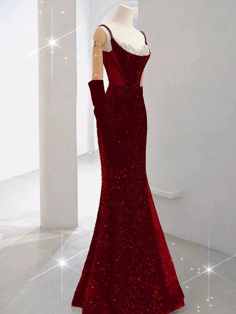 Bescheidene Meerjungfrau Spaghettiträger Pailletten Rot Lange Ballkleider Partykleid 21. Geburtstag Outfits Abschlusskleid AU243