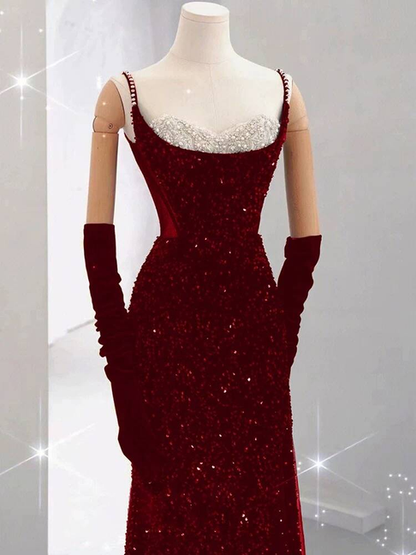 Bescheidene Meerjungfrau Spaghettiträger Pailletten Rot Lange Ballkleider Partykleid 21. Geburtstag Outfits Abschlusskleid AU243