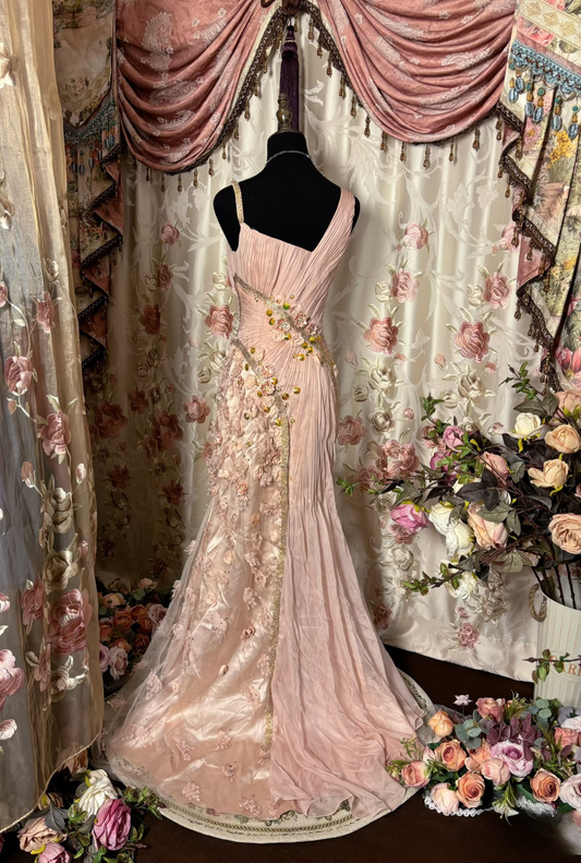 Retro Mermaid Strap Blush Pink Tulle Long Prom Dresses 80s 70s Party Prom Gowns AU243