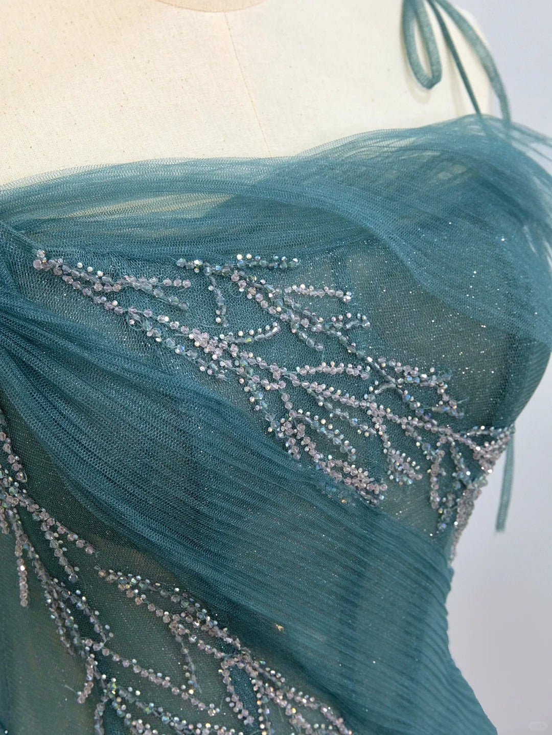 Sparkly A Line Spaghetti Strap Blue With Beading Tulle Prom Dresses Long Evening Party Formal Outfits RB6632