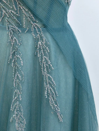 Sparkly A Line Spaghetti Strap Blue With Beading Tulle Prom Dresses Long Evening Party Formal Outfits RB6632