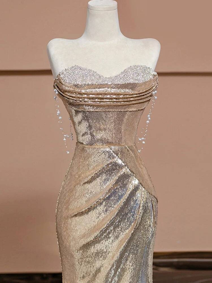 Bescheidene Meerjungfrau Schatz Pailletten Champagner Lange Ballkleider Partykleid 21. Geburtstag Outfits Abschlusskleid AU245