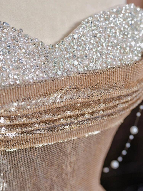 Bescheidene Meerjungfrau Schatz Pailletten Champagner Lange Ballkleider Partykleid 21. Geburtstag Outfits Abschlusskleid AU245