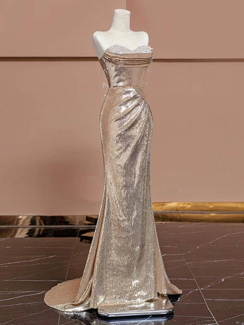 Modest Mermaid Sweetheart Sequin Champagne Long Prom Dresses Party Dress 21st Birthday Outfits Graduation Dress AU245