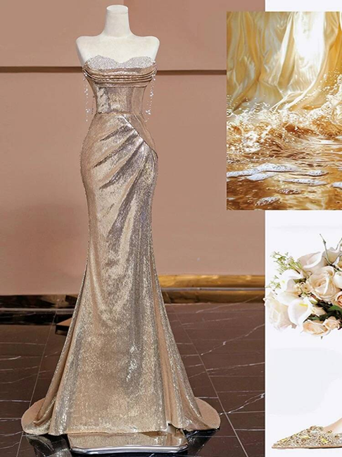 Bescheidene Meerjungfrau Schatz Pailletten Champagner Lange Ballkleider Partykleid 21. Geburtstag Outfits Abschlusskleid AU245