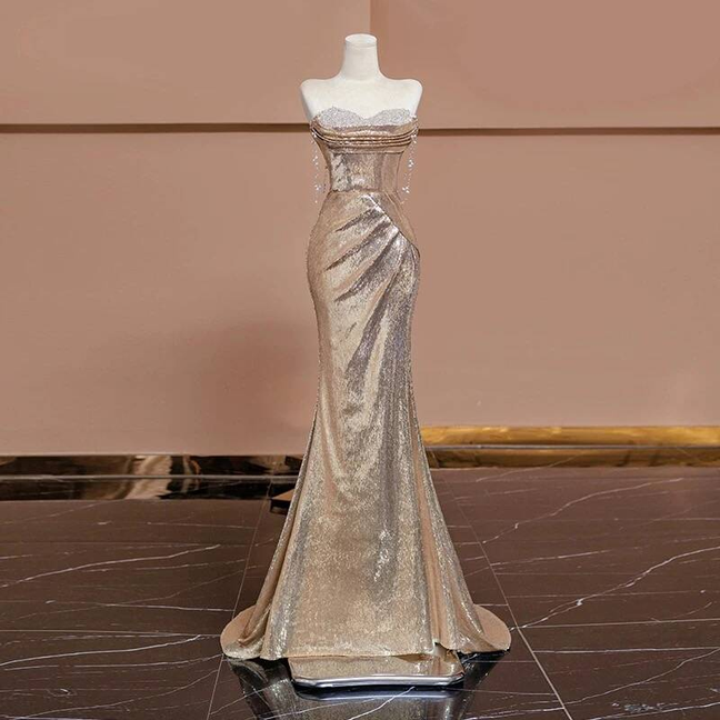 Bescheidene Meerjungfrau Schatz Pailletten Champagner Lange Ballkleider Partykleid 21. Geburtstag Outfits Abschlusskleid AU245