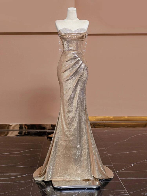 Bescheidene Meerjungfrau Schatz Pailletten Champagner Lange Ballkleider Partykleid 21. Geburtstag Outfits Abschlusskleid AU245