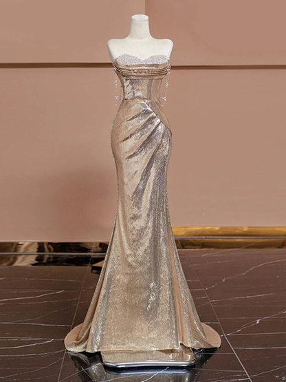Bescheidene Meerjungfrau Schatz Pailletten Champagner Lange Ballkleider Partykleid 21. Geburtstag Outfits Abschlusskleid AU245