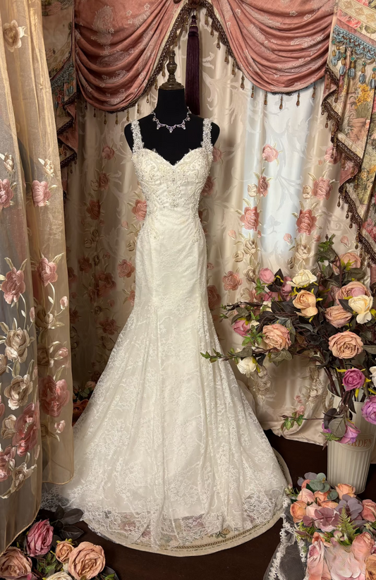 Retro Mermaid Sweetheart Lace 80s White Fitted Long Wedding Dress Bride Gown Brides Dresses AU245