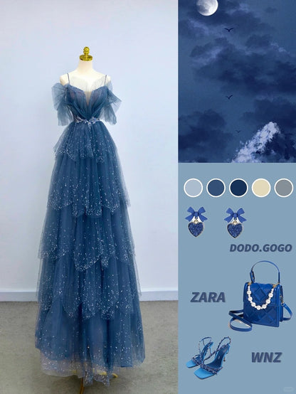 Sparkly A Line Spaghetti Strap Dusty Blue With Beading Tulle Prom Dresses Long Evening Party Formal Outfits RB6630