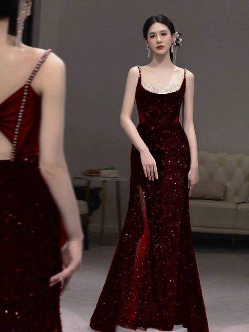 Modest Mermaid Spaghetti Straps Sequin Wine Red Long Prom Dresses Party Dress 21st Birthday Outfits Graduation Dress AU247