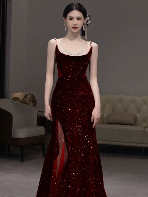Modest Mermaid Spaghetti Straps Sequin Wine Red Long Prom Dresses Party Dress 21st Birthday Outfits Graduation Dress AU247