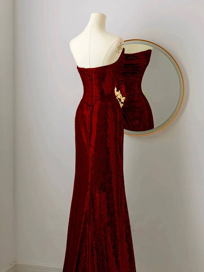 Modest Mermaid Strapless Sequin Burgundy  Long Prom Dresses Party Dress 20th Birthday Outfits Graduation Dress AU248