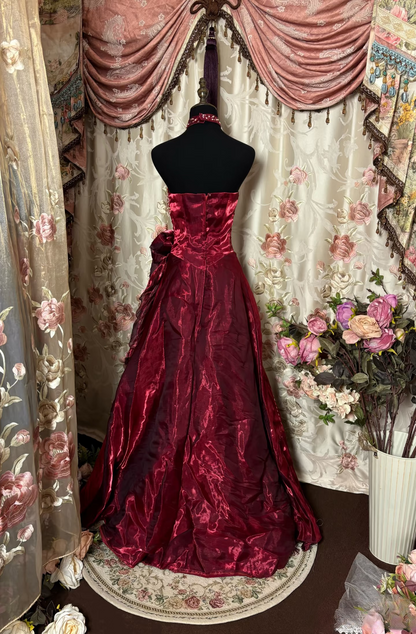 Robe de bal rétro bustier ornée de perles en organza bordeaux, longue, style années 70/80, AU248