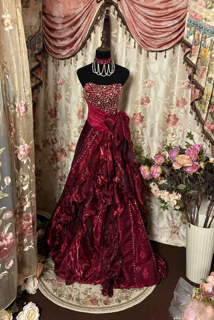 Robe de bal rétro bustier ornée de perles en organza bordeaux, longue, style années 70/80, AU248