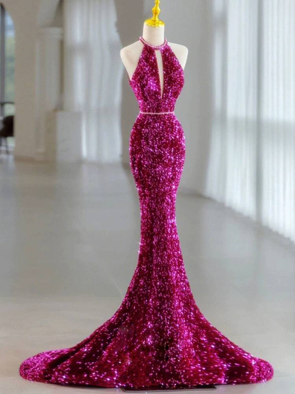 Modest Mermaid High Neck Sequin Fuchsia Long Prom Dresses Party Dress 21st Birthday Outfits Graduation Dress AU249