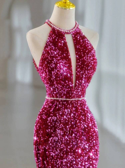Modest Mermaid High Neck Sequin Fuchsia Long Prom Dresses Party Dress 21st Birthday Outfits Graduation Dress AU249