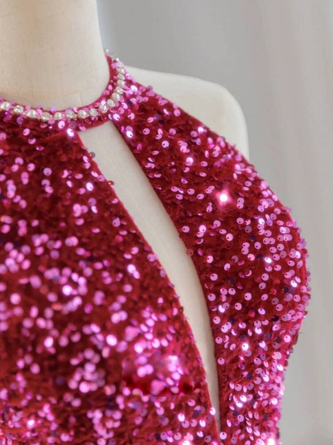 Modest Mermaid High Neck Sequin Fuchsia Long Prom Dresses Party Dress 21st Birthday Outfits Graduation Dress AU249