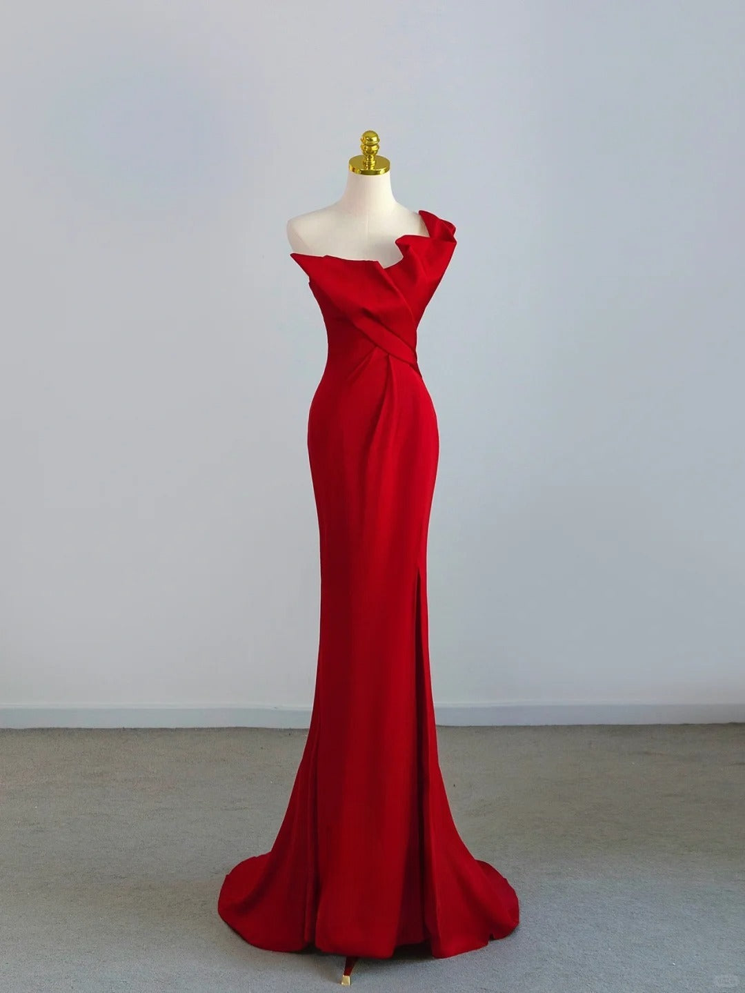 Chic Mermaid One Shoulder Red Satin With Ruffled Prom Dresses Long Evening Party Formal Outfits RB6634