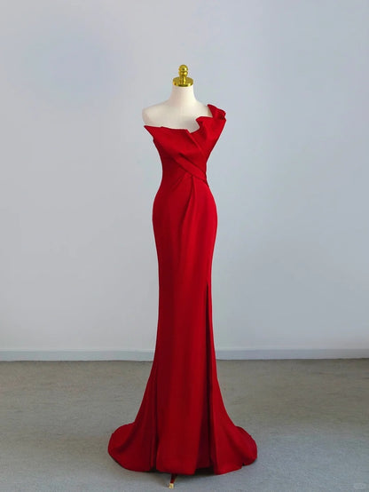 Chic Mermaid One Shoulder Red Satin With Ruffled Prom Dresses Long Evening Party Formal Outfits RB6634