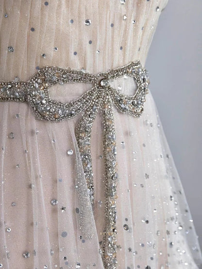Sparkly A Line Scoop Champagne With Beading Tulle Prom Dresses Long Evening Party Formal Outfits RB6621