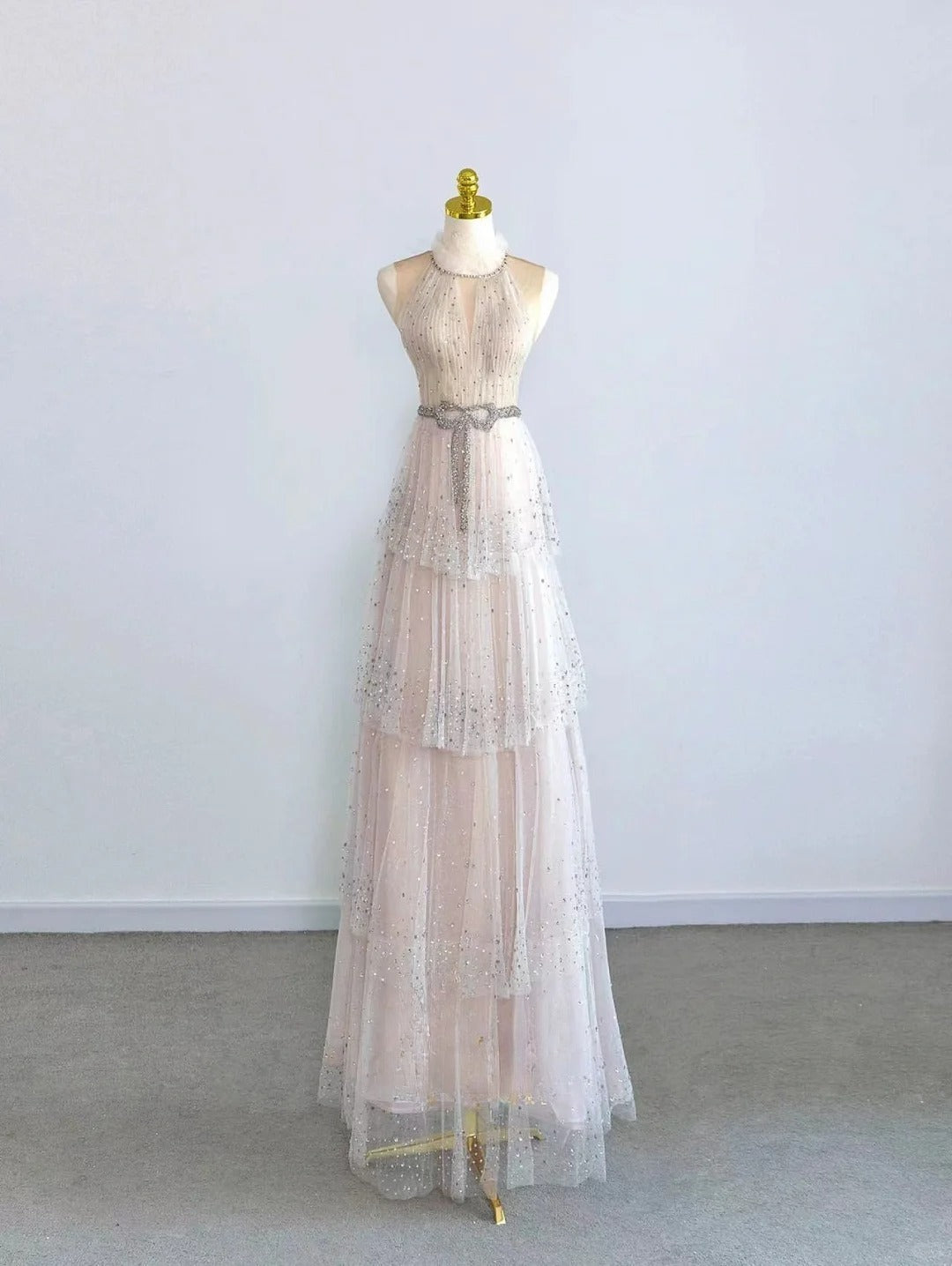 Sparkly A Line Scoop Champagne With Beading Tulle Prom Dresses Long Evening Party Formal Outfits RB6621
