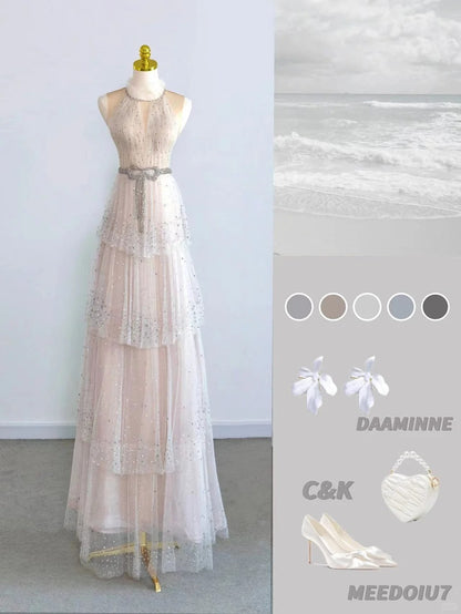 Sparkly A Line Scoop Champagne With Beading Tulle Prom Dresses Long Evening Party Formal Outfits RB6621