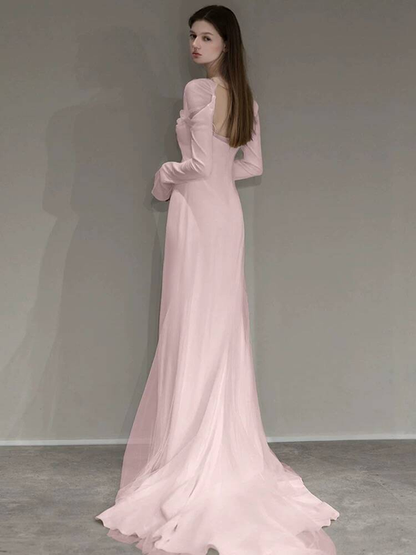 Modest Mermaid Square Neck White Wedding Dress Long Sleeves Fairytale Autumn Wedding Dresses AU252