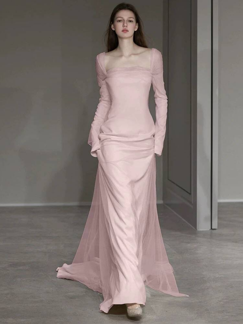 Modest Mermaid Square Neck White Wedding Dress Long Sleeves Fairytale Autumn Wedding Dresses AU252