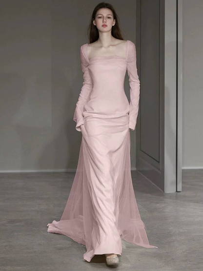 Modest Mermaid Square Neck White Wedding Dress Long Sleeves Fairytale Autumn Wedding Dresses AU252