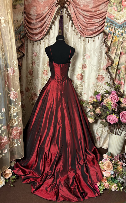 Robe de bal rétro bordeaux à bretelles spaghetti, robe de soirée longue vintage AU252