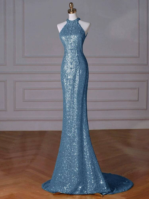 Bescheidene Meerjungfrau High Neck Pailletten Blau Lange Ballkleider Partykleid 21. Geburtstag Outfits Abschlusskleid AU253