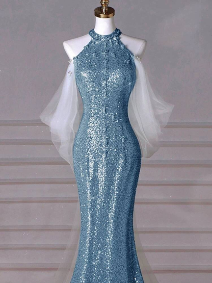 Bescheidene Meerjungfrau High Neck Pailletten Blau Lange Ballkleider Partykleid 21. Geburtstag Outfits Abschlusskleid AU253