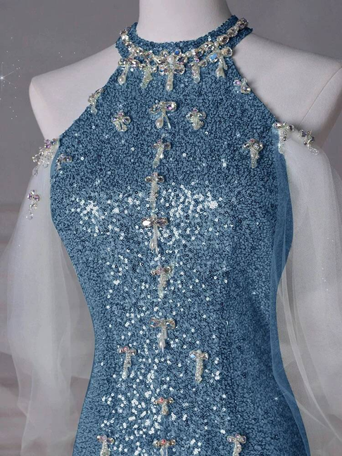 Bescheidene Meerjungfrau High Neck Pailletten Blau Lange Ballkleider Partykleid 21. Geburtstag Outfits Abschlusskleid AU253