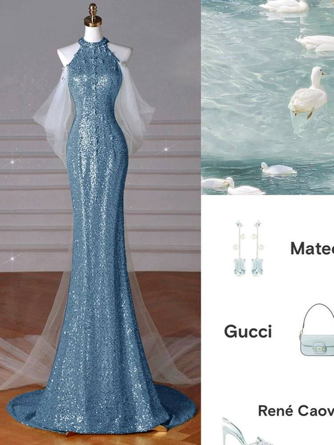 Bescheidene Meerjungfrau High Neck Pailletten Blau Lange Ballkleider Partykleid 21. Geburtstag Outfits Abschlusskleid AU253