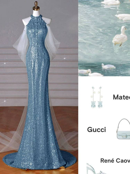 Bescheidene Meerjungfrau High Neck Pailletten Blau Lange Ballkleider Partykleid 21. Geburtstag Outfits Abschlusskleid AU253