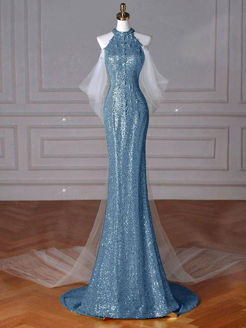 Bescheidene Meerjungfrau High Neck Pailletten Blau Lange Ballkleider Partykleid 21. Geburtstag Outfits Abschlusskleid AU253