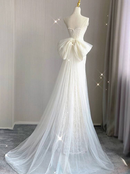 Modest Mermaid Sweetheart White Lace Wedding Dress Long Fairytale Autumn Vintage Wedding Dresses AU254