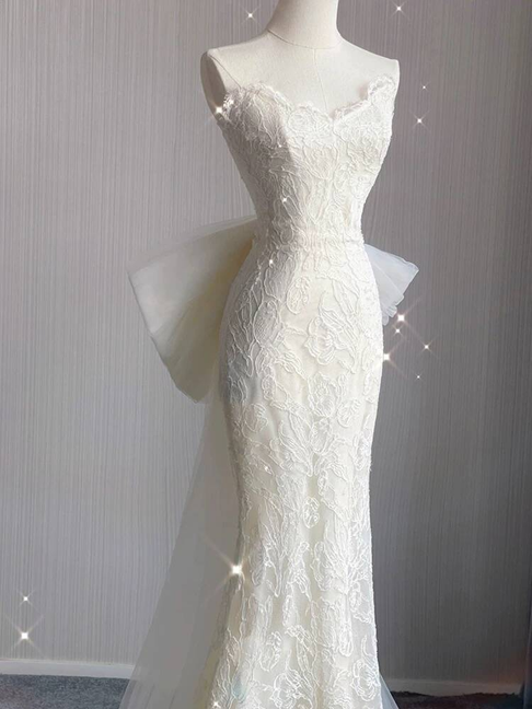 Modest Mermaid Sweetheart White Lace Wedding Dress Long Fairytale Autumn Vintage Wedding Dresses AU254