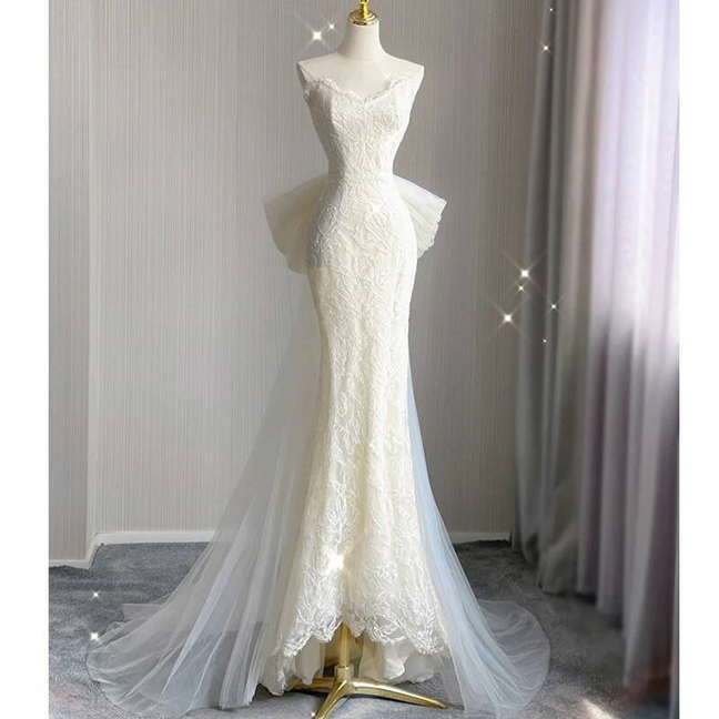 Modest Mermaid Sweetheart White Lace Wedding Dress Long Fairytale Autumn Vintage Wedding Dresses AU254