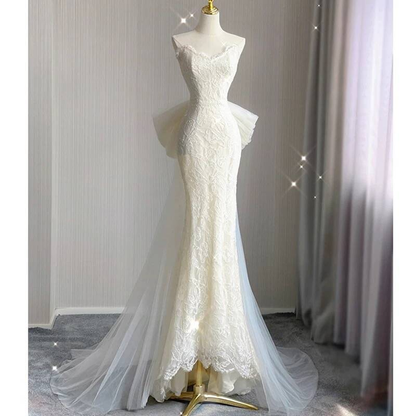 Modest Mermaid Sweetheart White Lace Wedding Dress Long Fairytale Autumn Vintage Wedding Dresses AU254