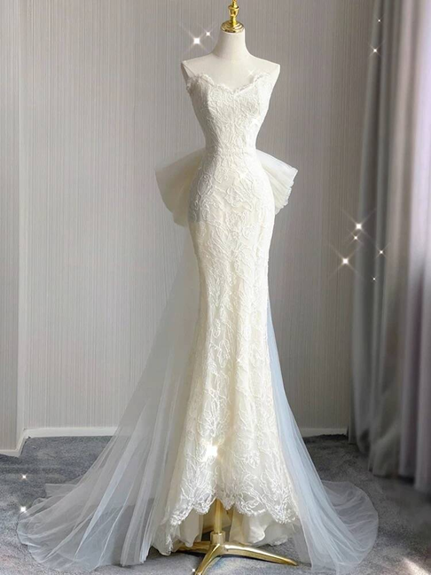 Modest Mermaid Sweetheart White Lace Wedding Dress Long Fairytale Autumn Vintage Wedding Dresses AU254