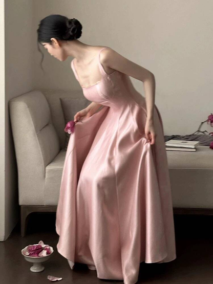 Schlichtes A-Linien-Ballkleid in Rosa mit Satin-Abschlussballkleid, Partykleid zum 21. Geburtstag, Abschlusskleid AU256