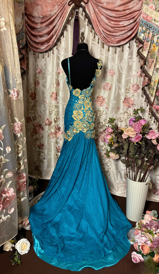 Retro Mermaid Spaghetti Straps Gold Lace Long Prom Dresses 80s 70s Party Prom Gowns AU257