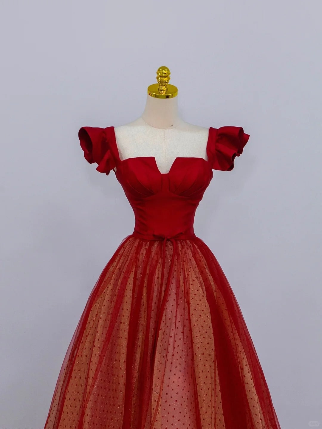 Modest A line Square Neck Red Tulle Polka Dots Prom Dresses Long Evening Party Formal Outfits RB6651