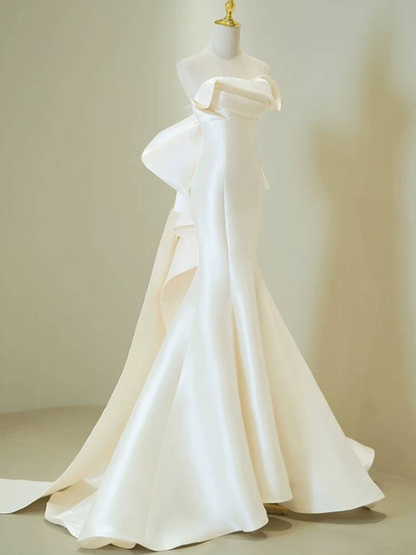 Zeitlose Meerjungfrau Schatz Weiß Satin Brautkleid Lange Märchen Herbst Vintage Brautkleider AU258